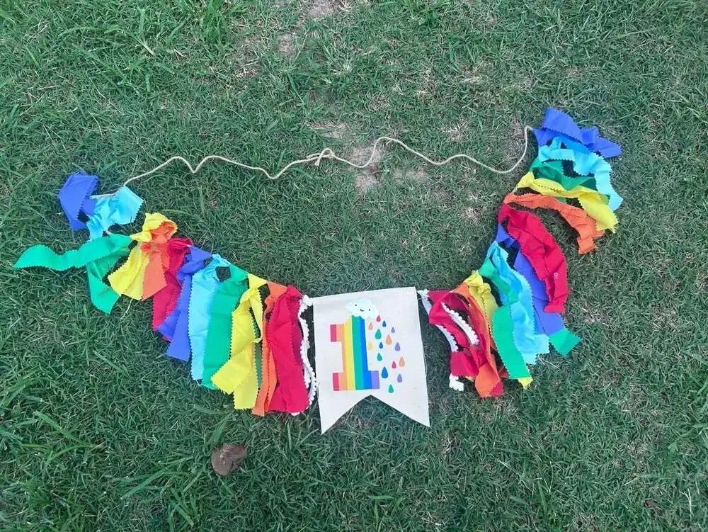 First Birthday Rainbow Fabric Tassel Garland with Number One Flag